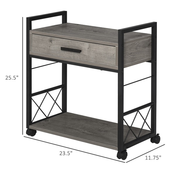 HOMCOM Industrial Style Side Table with 1 Drawer， Shelf， Wheels Wooden Bedside Table Night Stand， Home Furniture， Grey