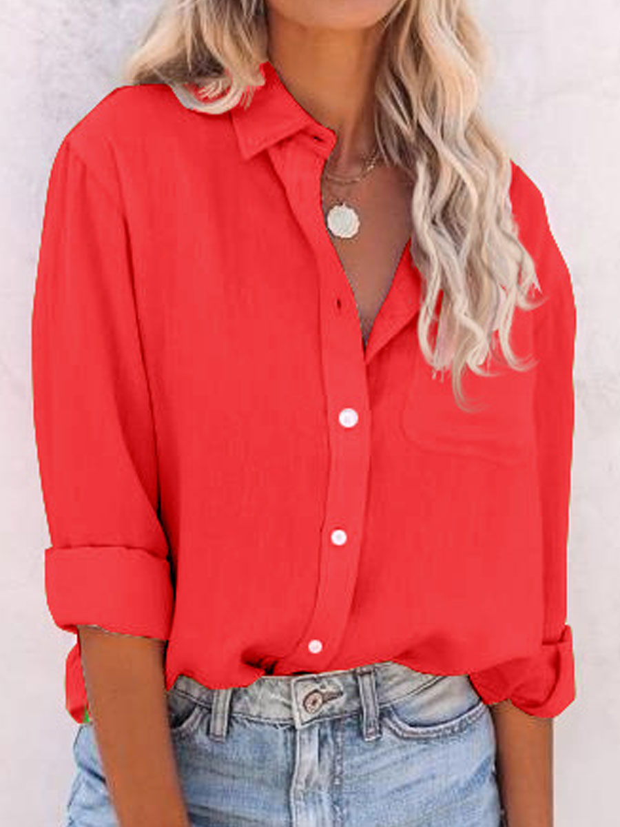 Round Neck Casual Loose Solid Color Long Sleeve Blouse