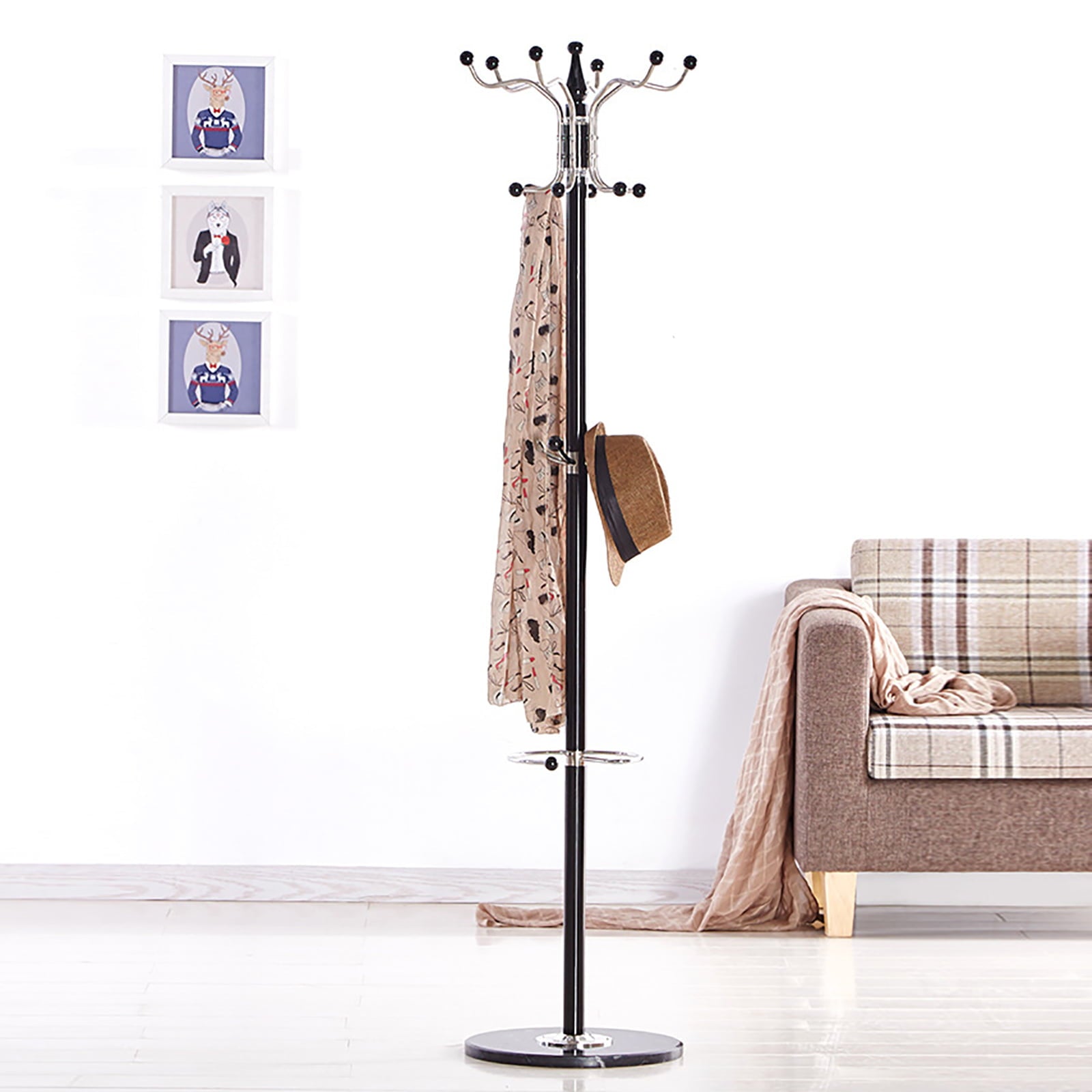 Coat Rack，16-Hook Freestanding Metal Coat Rack for Hanging Clothes Black/White