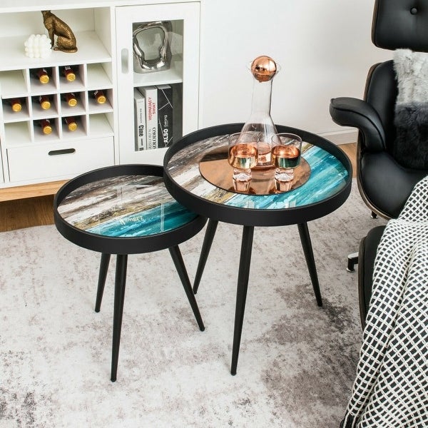 Set of 2 Stylish Nesting End Tables with Wooden Tray Top and Steel Legs-Black - 19.5(φ) x 21(H); 15.5(φ) x 17.5(H)