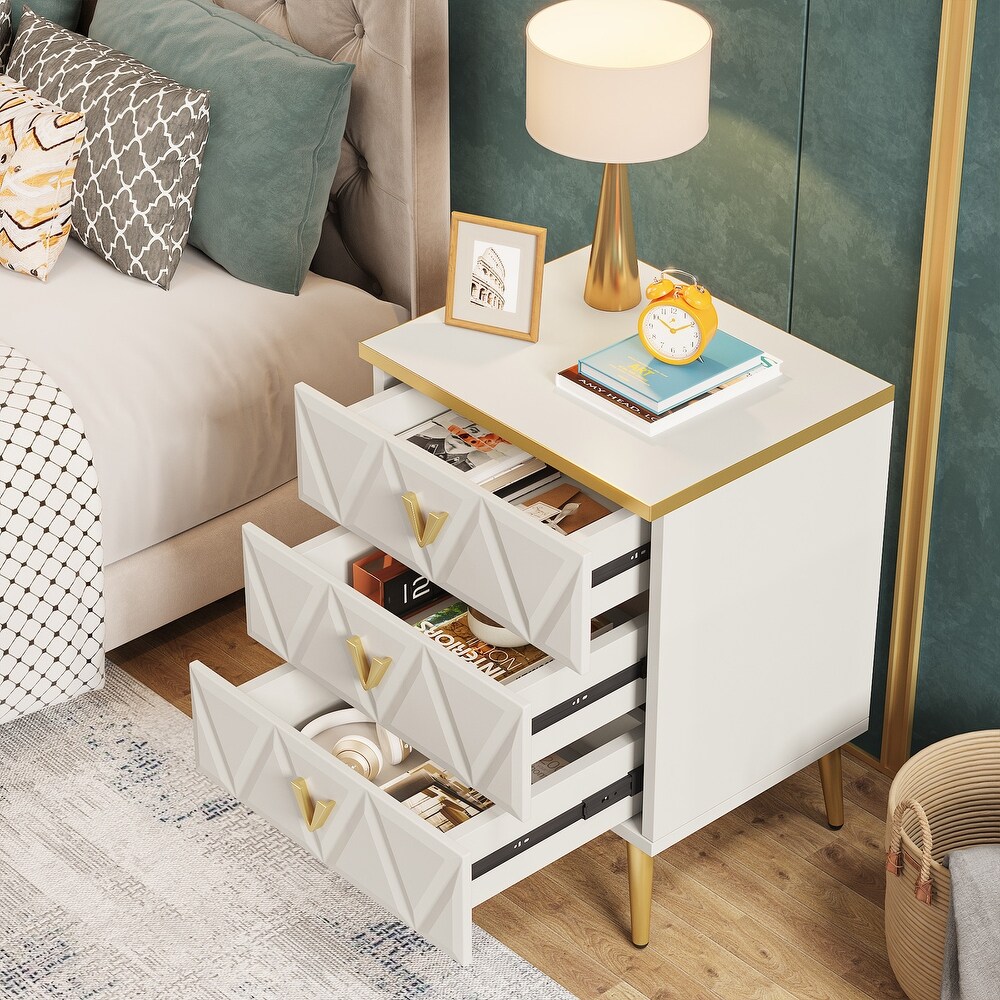 Modern 3 Drawer Nightstand  White Gold Sofa End Table Bedside Table with Storage