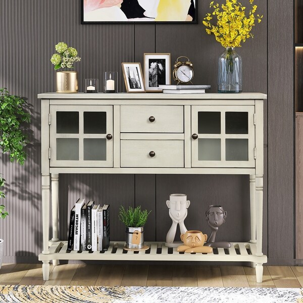 Sideboard Console Table with Bottom Shelf， Farmhouse Wood Glass Buffet Storage Cabinet Living Room Antique Grey