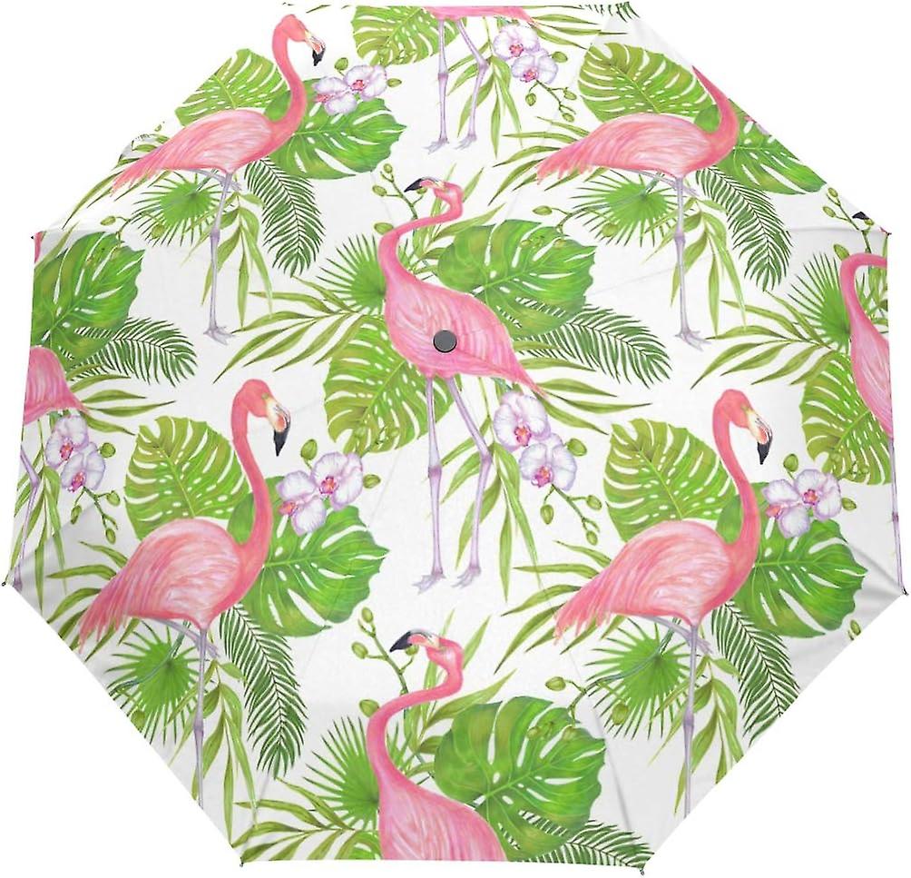 Travel Umbrella Automatic Windproof Foldable Umbrella Pink Flamingos Green Leaves