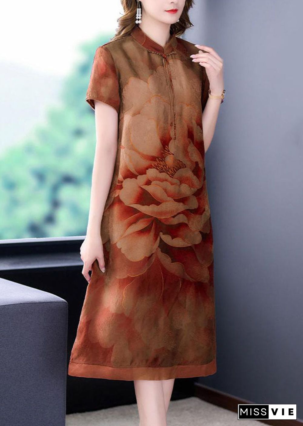 Yellow Print Patchwork Silk Dresses Stand Collar Summer