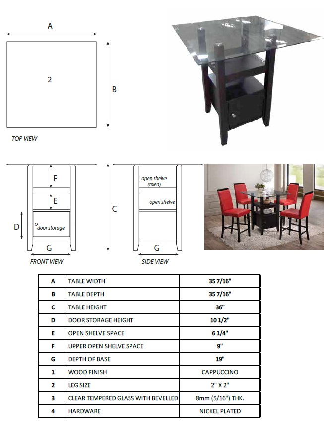 Lenn Counter Height Kitchen Dining Table， Cappuccino Wood， Beveled Glass Top， Transitional