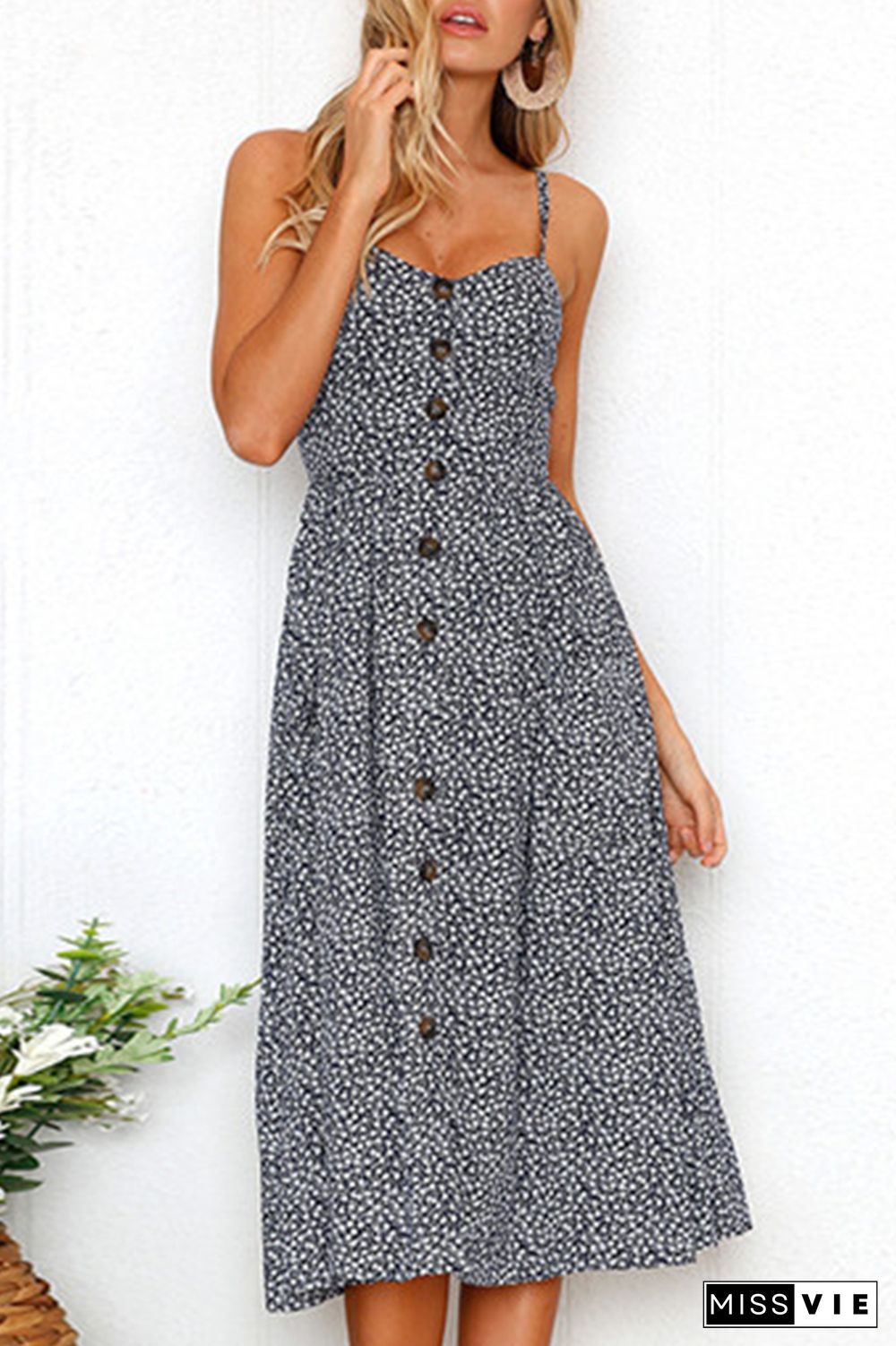 Casual Striped Floral Buckle Spaghetti Strap A Line Dresses