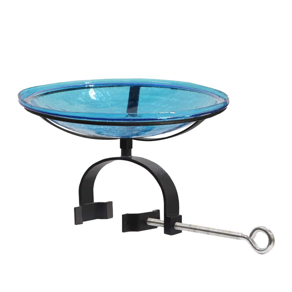 ACHLA DESIGNS 14 in. Dia Round Teal Blue Crackle Glass Birdbath with Black Wrought Iron Over Rail Bracket CGB-14T-OR2