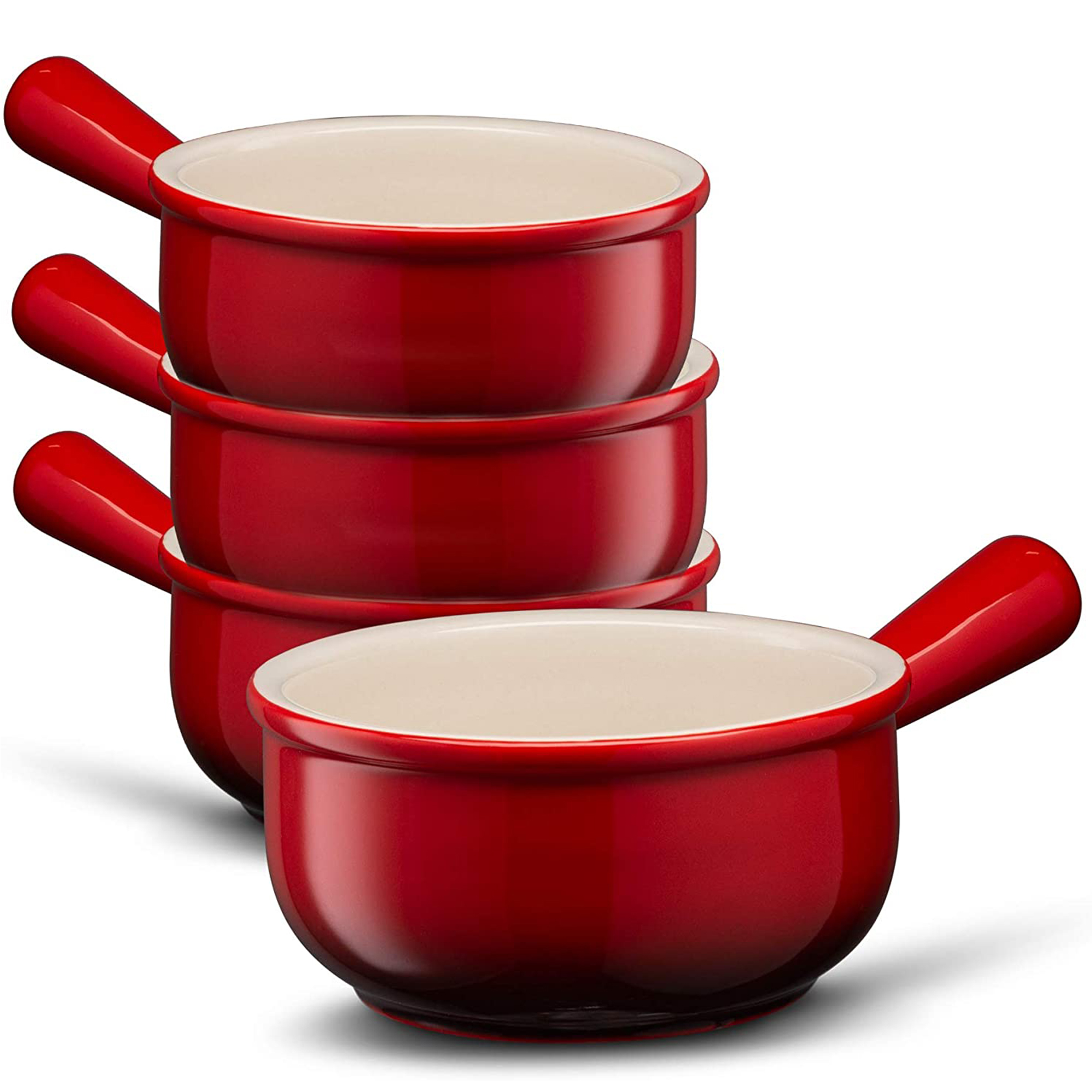 Kook French Onion Soup Crock Ceramic Bowls 4-Piece Stoneware Kitchen Set， Red Ombre