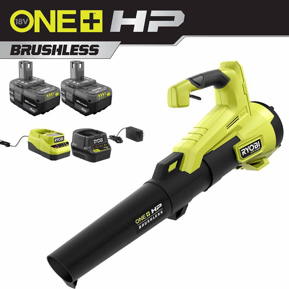 RYOBI ONE+ HP 18V Brushless 110 MPH 350 CFM Cordless Variable-Speed Jet Fan Leaf Blower w(2) 4.0 Ah Battery and (2) Charger P21120-BK