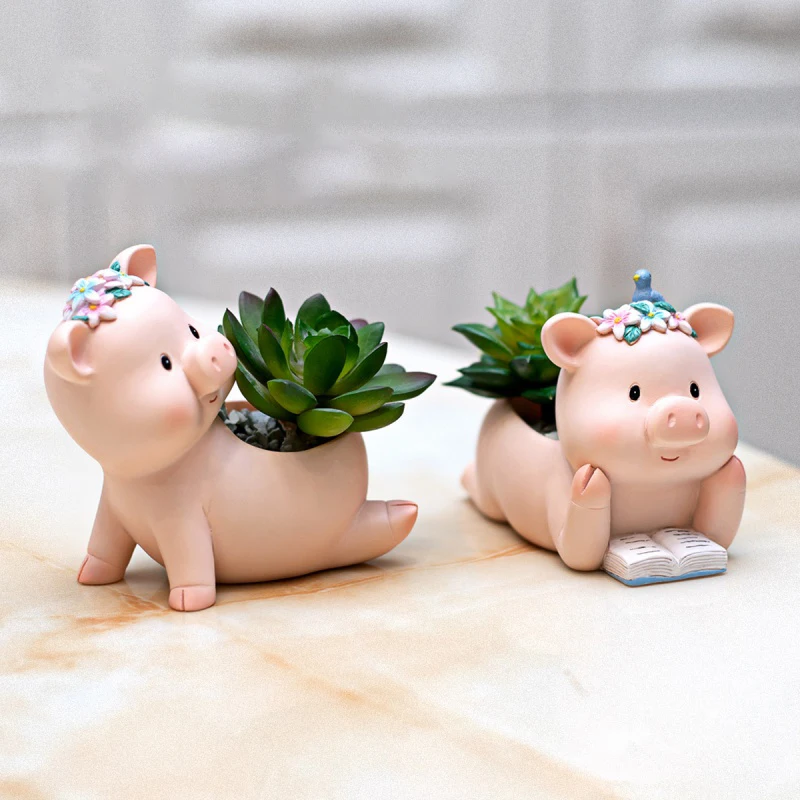 garden supplies wholesale small ceramic animal succulent pot Cartoon Little Pork Resin Flower Pot Bonsai Planter Pot for home