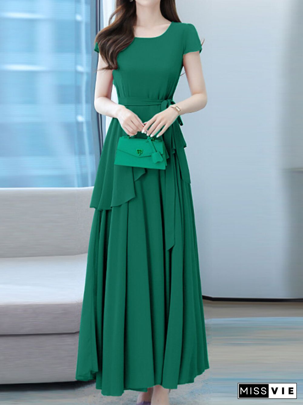 Solid Asymmetrical Swing Short Sleeve Maxi Dress With Belt