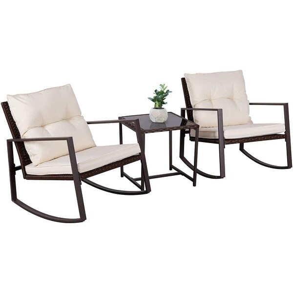 SUNCROWN 3Piece Outdoor Patio Brown Wicker Rocking Chairs Bistro Set