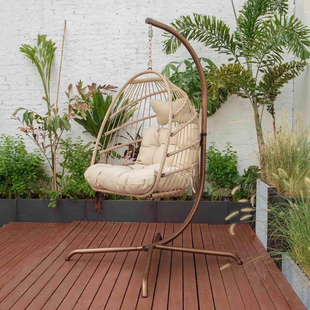 NICESOUL Foldable 350 lbs 1Person Wicker Porch Swing with Beige Body Beige Custion without Cover Hanging Egg Chair with Stand