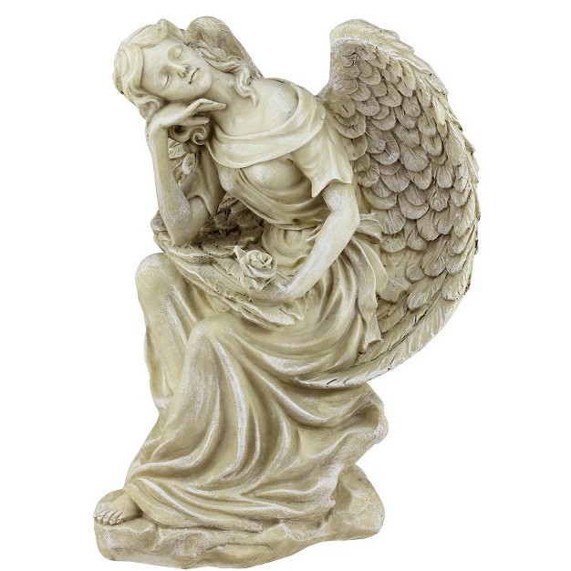 Weathered Daydreaming Angel With Rose Outdoor Patio Garden Statue Almond Brown