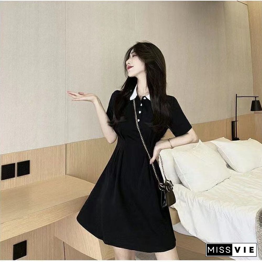 Short Sleeve Dress Women Ins Empire Simple Black Basic Summer Trendy Preppy Girls Clothing Leisure A-Line Mujer Vestido Retro