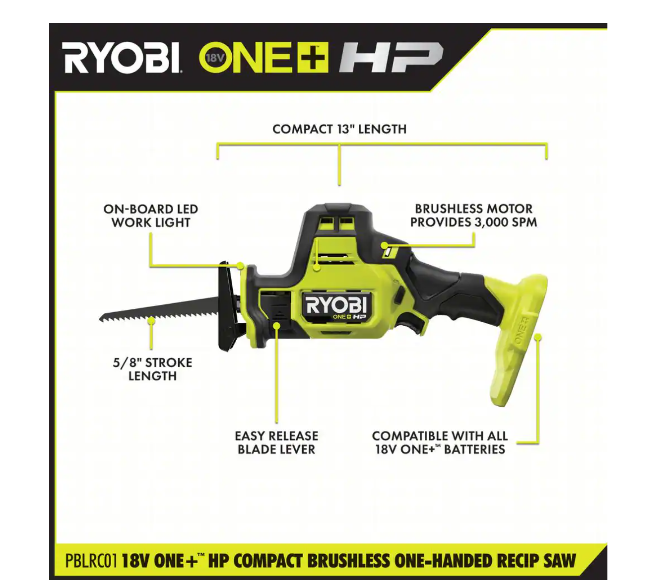 RYOBI PSBRS01B ONE+ HP 18V Brushless Cordless Compact One-Handed Reciprocating Saw (Tool Only)