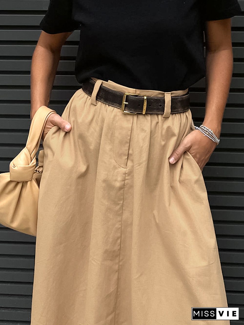 High Waisted Loose Pockets Solid Color Zipper Skirts Bottoms