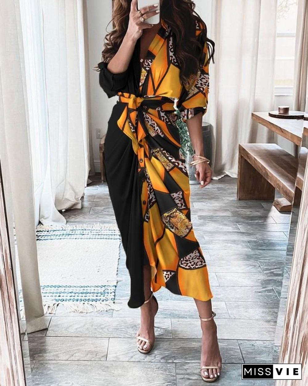 Graphic Print Long Sleeve Strap Slit Shirt Dress P12188