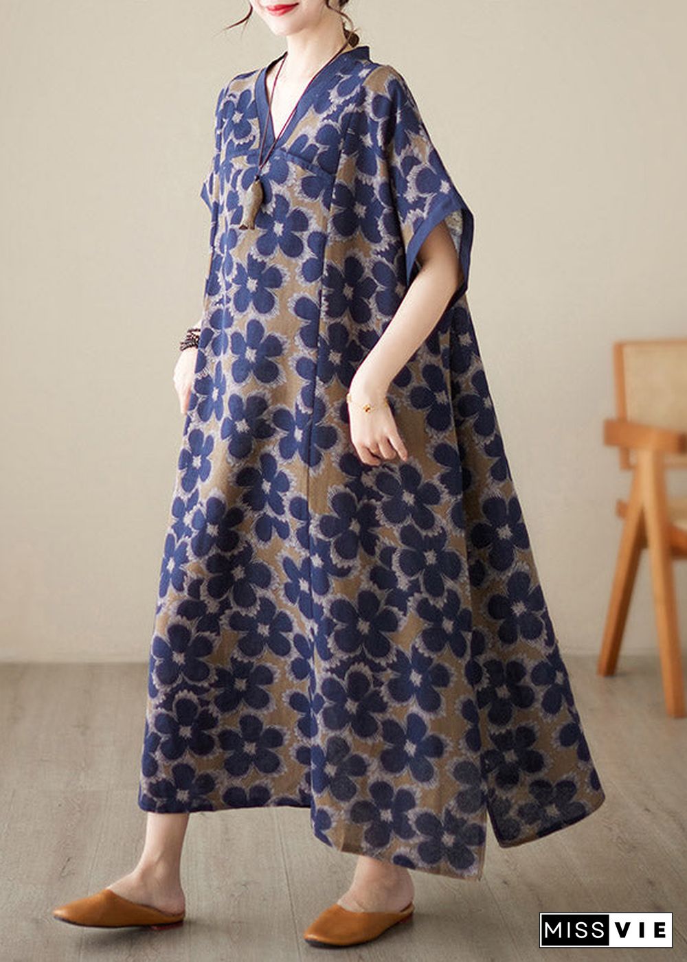 Vintage Blue V Neck Print Robe Dresses Short Sleeve