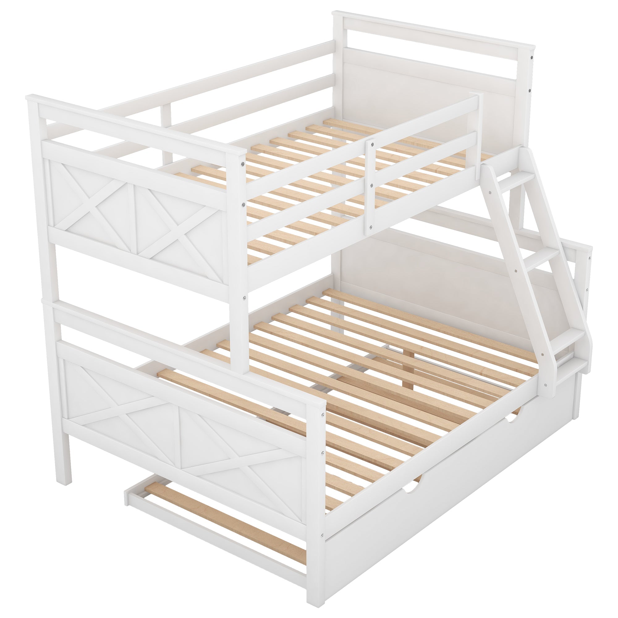 Euroco Wood Twin over Full Bunk Bed with Trundle for Kids & Adults for Bedrooms, White