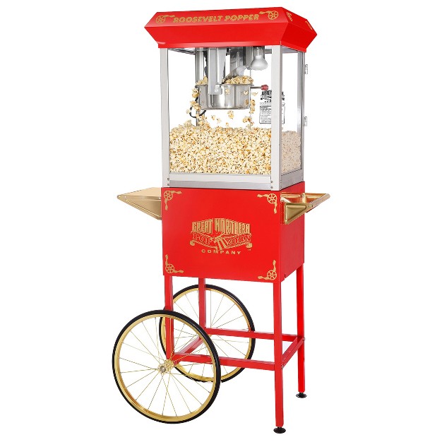 Great Northern Popcorn 8 Oz Roosevelt Popcorn Machine Stainless steel Kettle Heated Warming Deck Old Maids Drawer With Cart Red