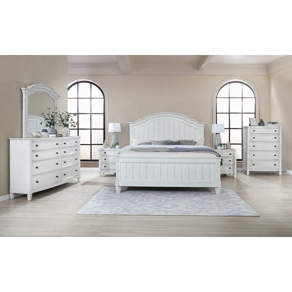 Roundhill Furniture Saline Wood Camelback Planked Bed with Dresser， Mirror， Two Nightstands， and Chest - - 32334963