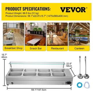 VEVOR 8 Pan x 12 GN Bain Marie Food Warmer 88 qt. Food Grade Stainless Steel Commercial Food Steam Table 1500-Watt BLZBWTC8PB2800001V1