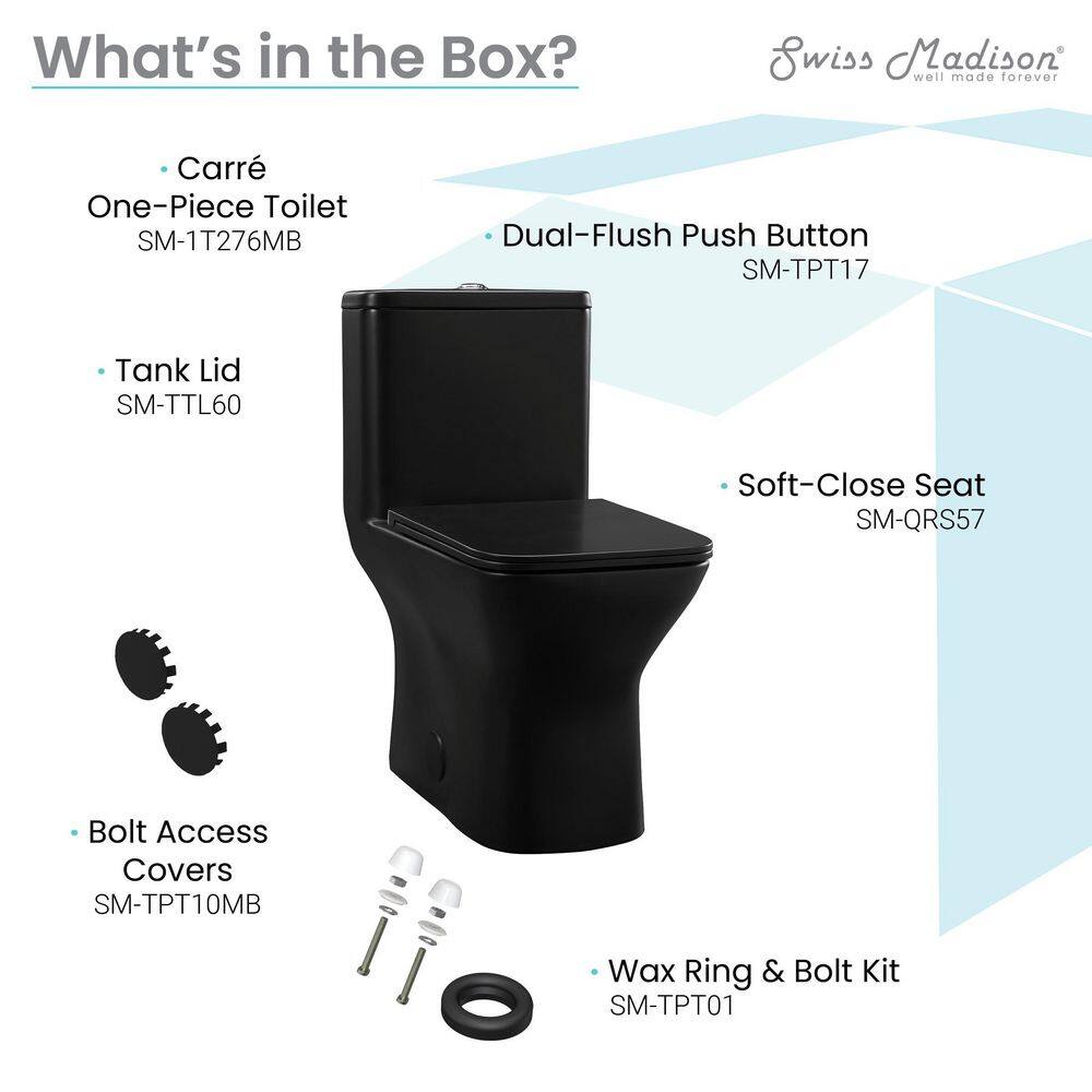 Swiss Madison Carre 10 in. Rough-In 1-piece 1.11.6 GPF Dual Flush Square Toilet in Matte Black Seat Included SM-1T276MB