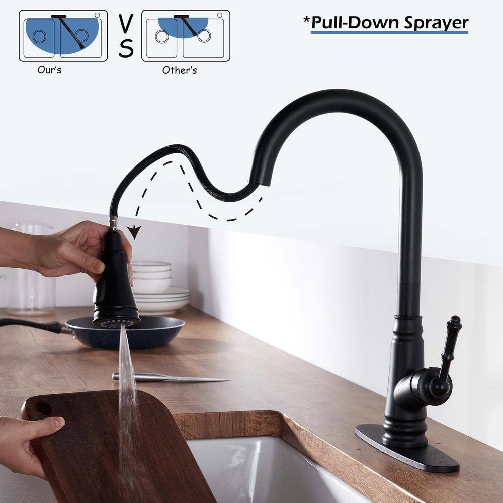 ELLOALLO Touchless Single Handle Deck Mount Gooseneck Pull Down Sprayer Kitchen Faucet with Deckplate in Matte Black EKF-B-T812