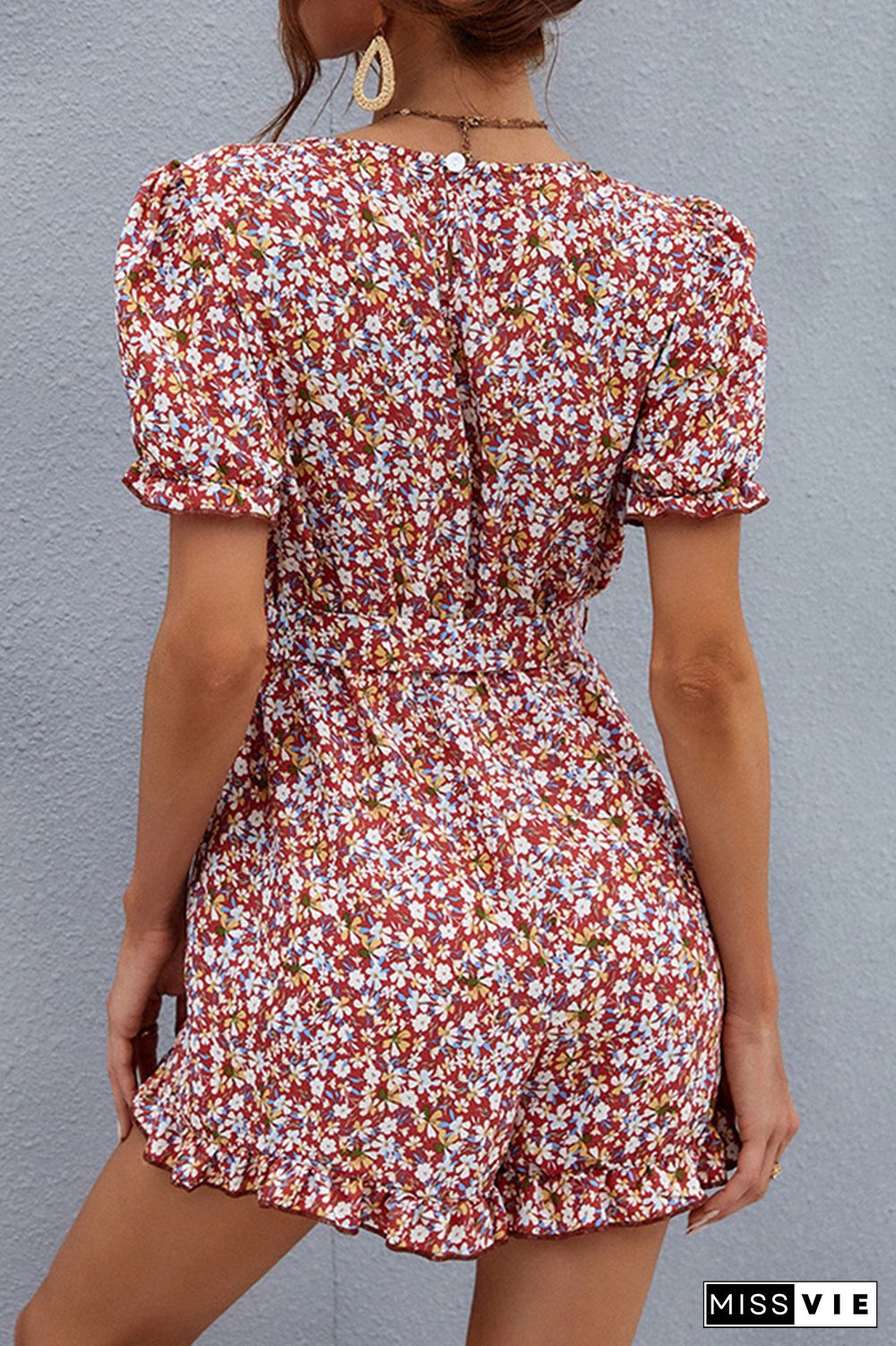 Floral Print V Neck Tie Waist Romper