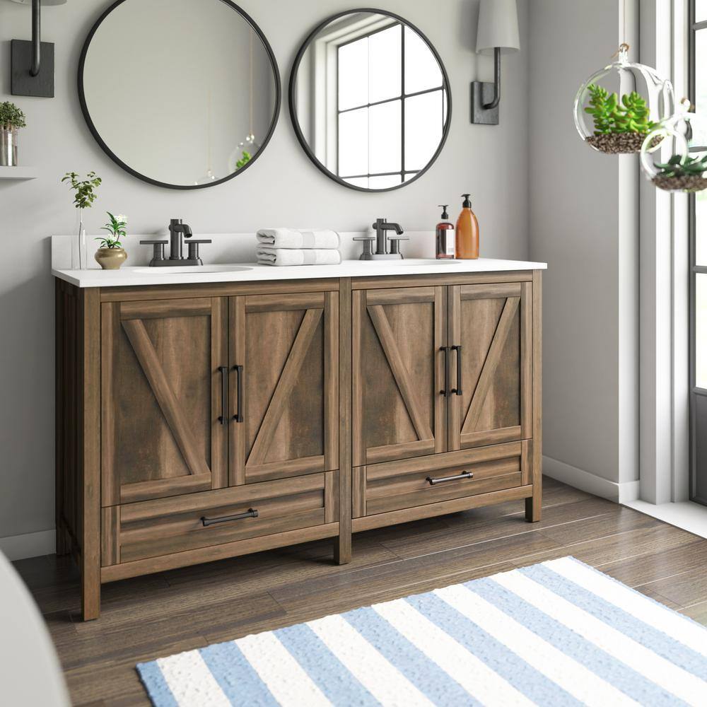 Twin Star Home 60 in. W x 20 in. D x 38 in. H Rustic Bath Vanity in Canyon Lake Pine with Vanity Top in White with White Basin 60BV477-PD23