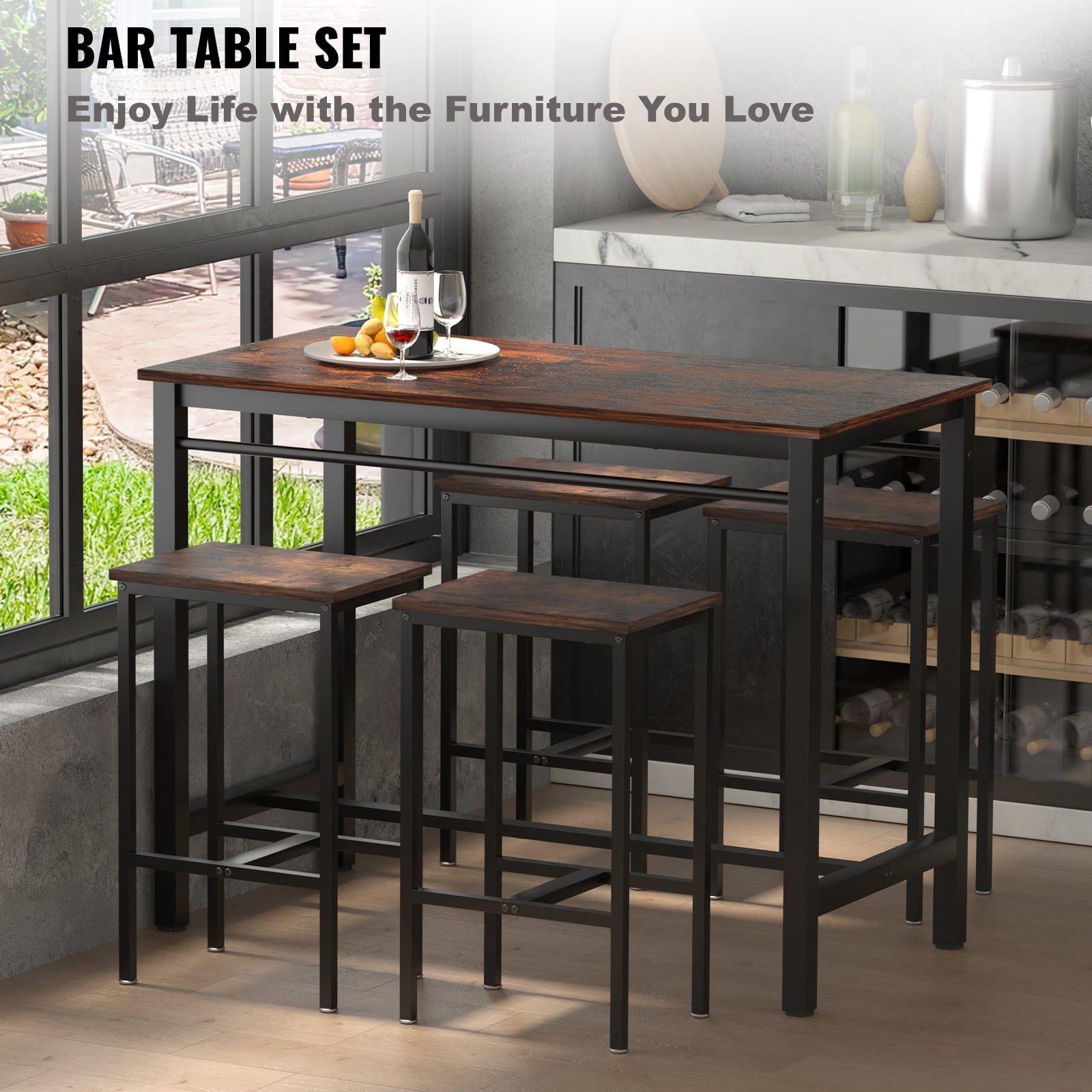 VEVOR Bar Table Set, 47 Bar Table and Chairs Set, Pub Table Set w/ 4 Stools, Iron Frame Counter Height Dining Sets, 5 Piece Saving Space Dining Table Set for Home, Kitchen, Living Room, Rustic Brown