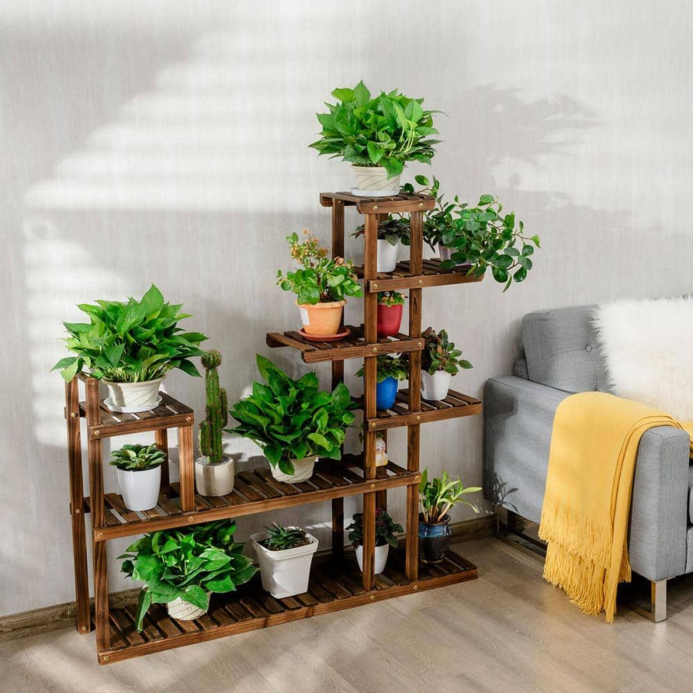 HONEY JOY 47.5 in. x 10 in. x 47.5 in. Indoor/Outdoor Brown Wood Plant Stand Rack with Hollow-Out Storage Shelf ( 7-Tier ) TOPB002602