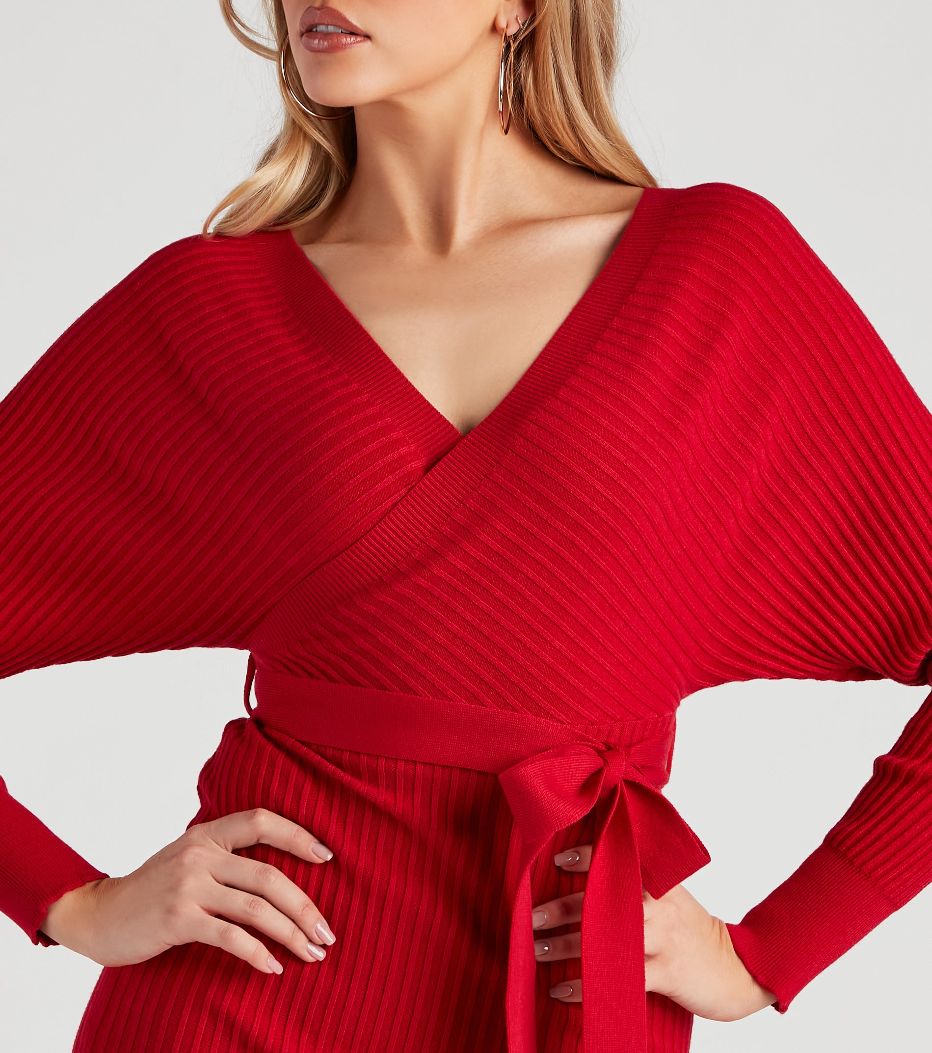 Ribbed Knit Tie-Front Mini Sweater Dress