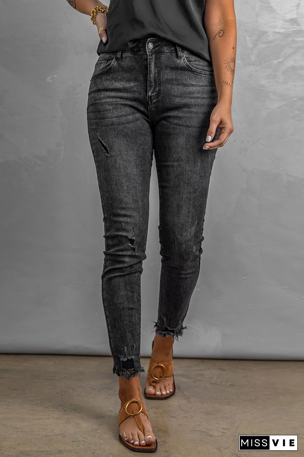 High Rise Frayed Ankle Skinny Jeans