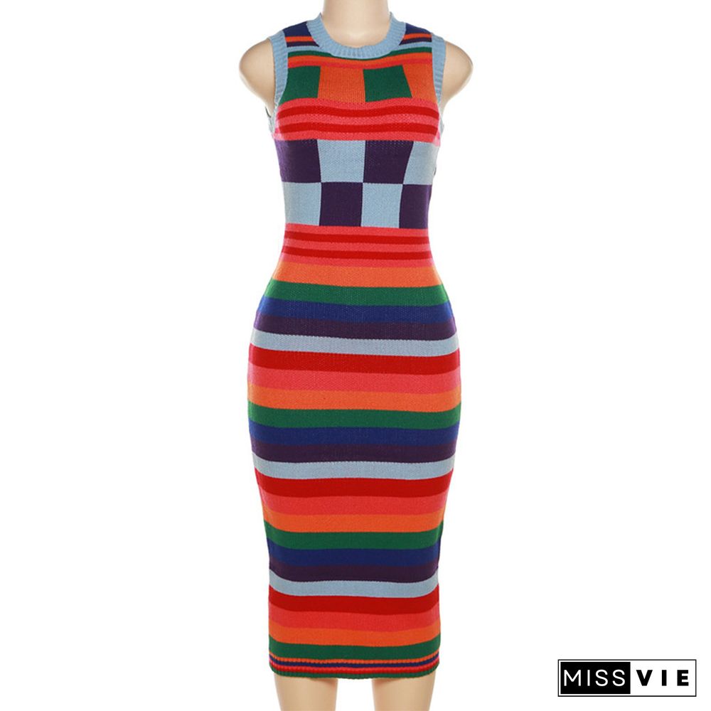 Color Matching Sleeveless Bodycon Knitted Dresses