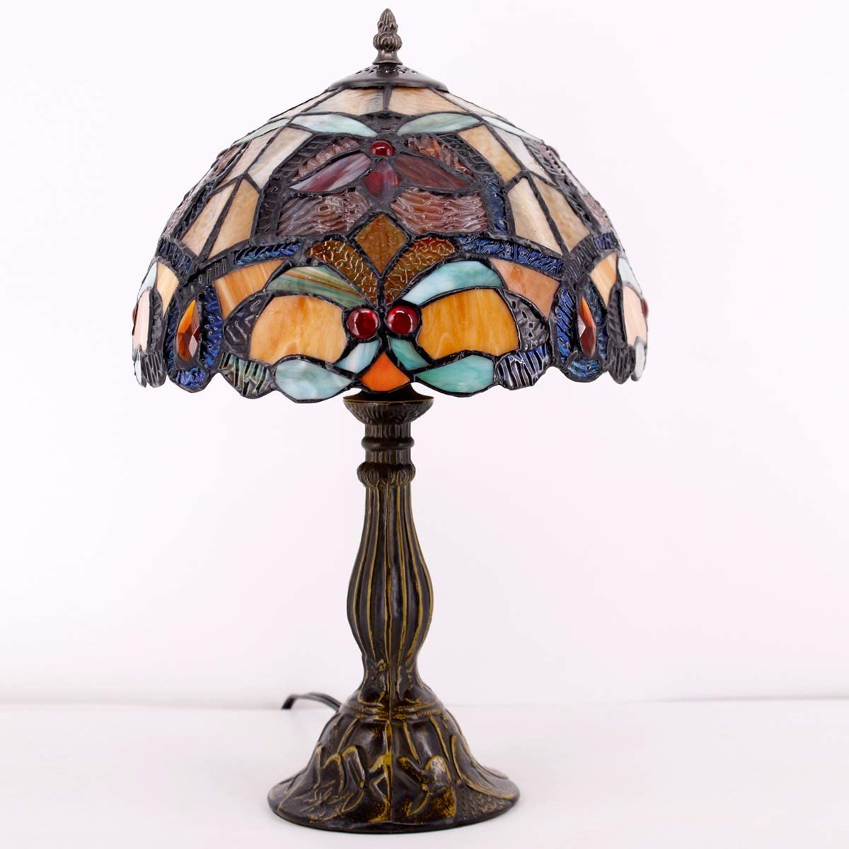 SHADY Tiffany Table Lamp Orange Stained Glass Flower Liaison Style Reading Desk Bedside Light 12X12X18 Inches Decor Bedroom Living Room Home Office S617 Series