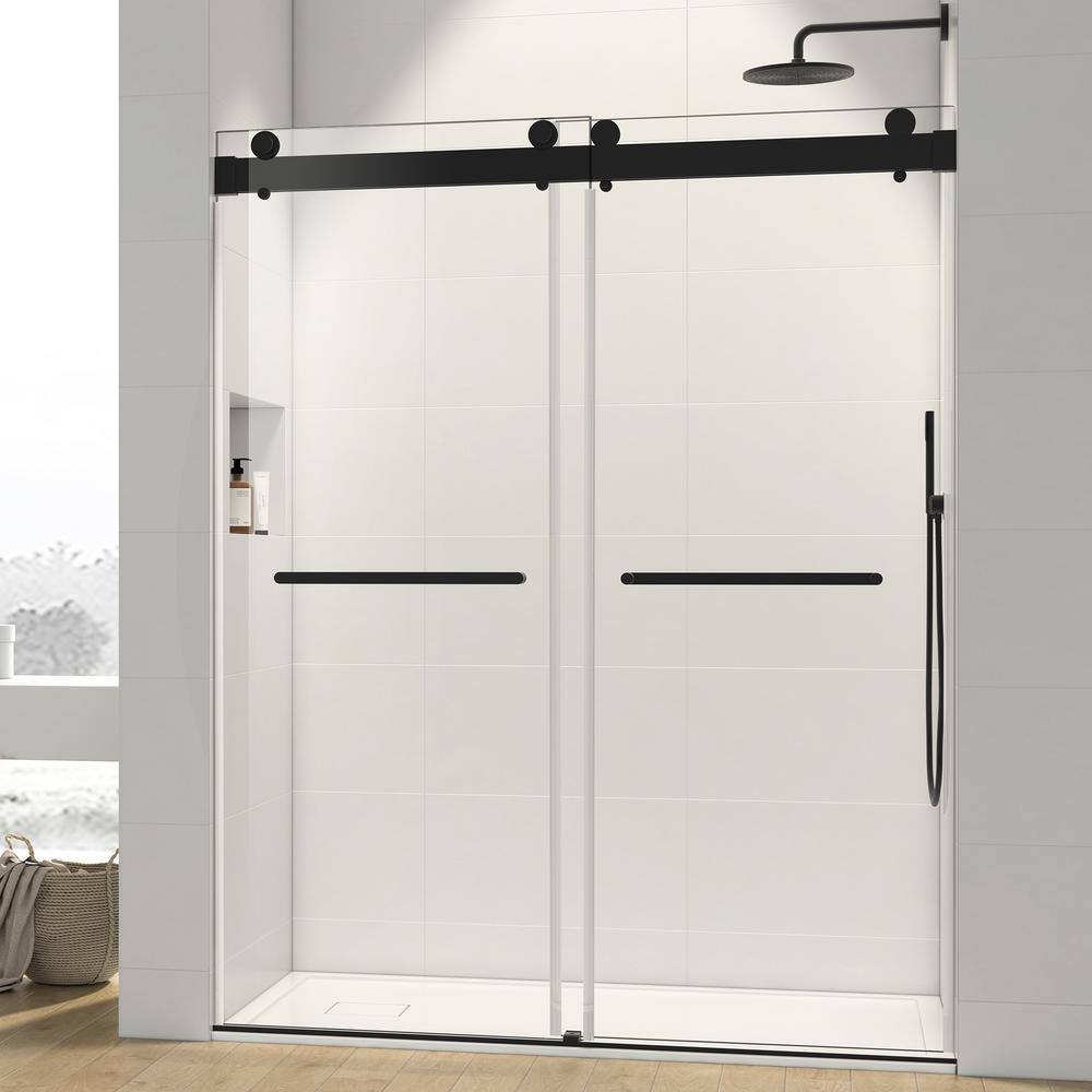 Xspracer Foyil 72 in. W x 76 in. H Sliding Frameless Shower Door in Matte Black Finish with Clear Glass JH-SDS100272MB