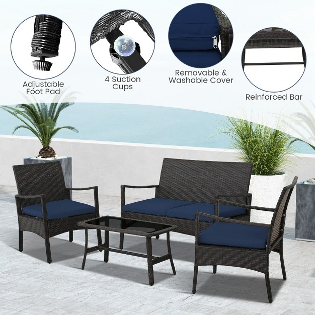 Costway 8pcs Patio Rattan Wicker Furniture Set Cushioned Sofa Armrest Coffee Table Navy