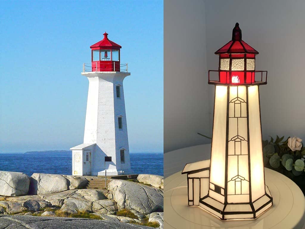 SHADY L10770 Peggy&#39;s Point Lighthouse Tiffany Style Stained Glass Accent Table Lamp Night Light  12-inches Tall