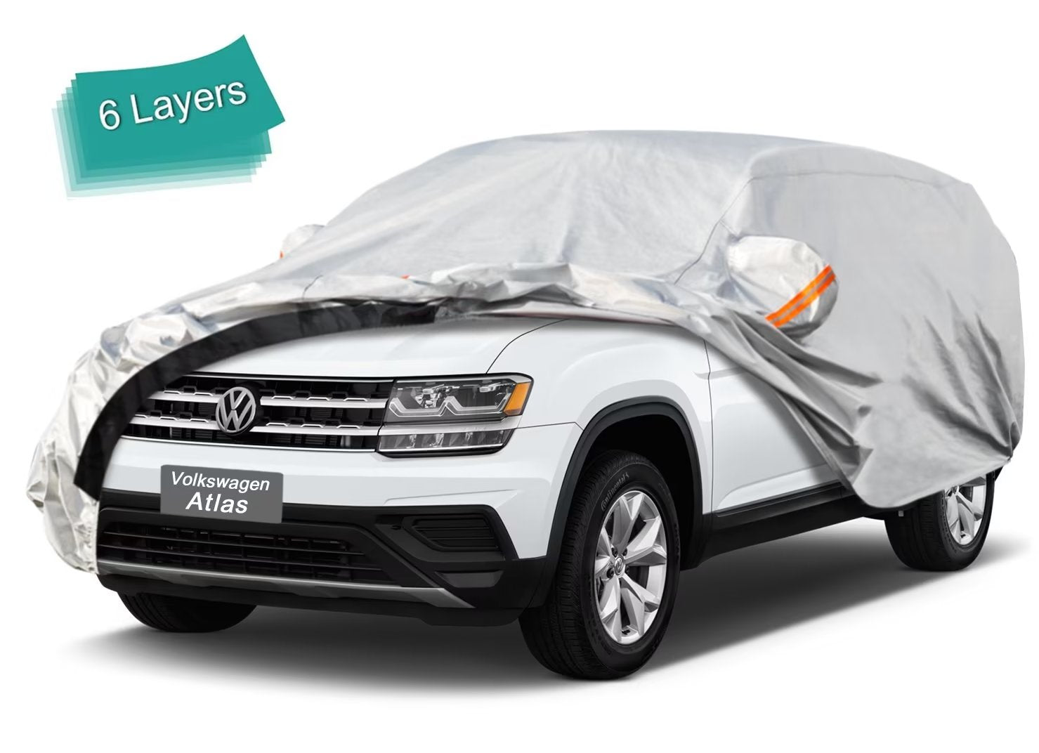 KouKou SUV Car Cover Custom Fit Volkswagen Atlas from 2017 to 2022， 6 Layer Heavy Duty Full Exterior Cover Waterproof All Weather， Silver