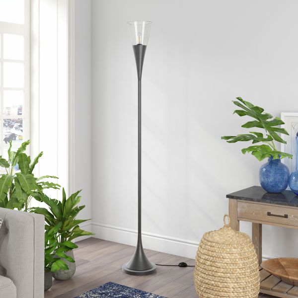 Moura Torchiere Floor Lamp with Glass Shade in Aged Steel/Seeded