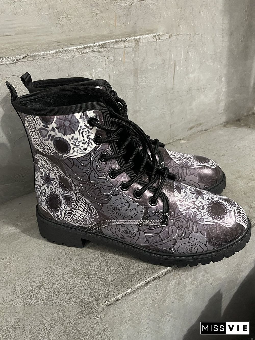 Skull All Season Party Commuting Low Heel PU Pu Lace-Up Height Increasing Boots for Women