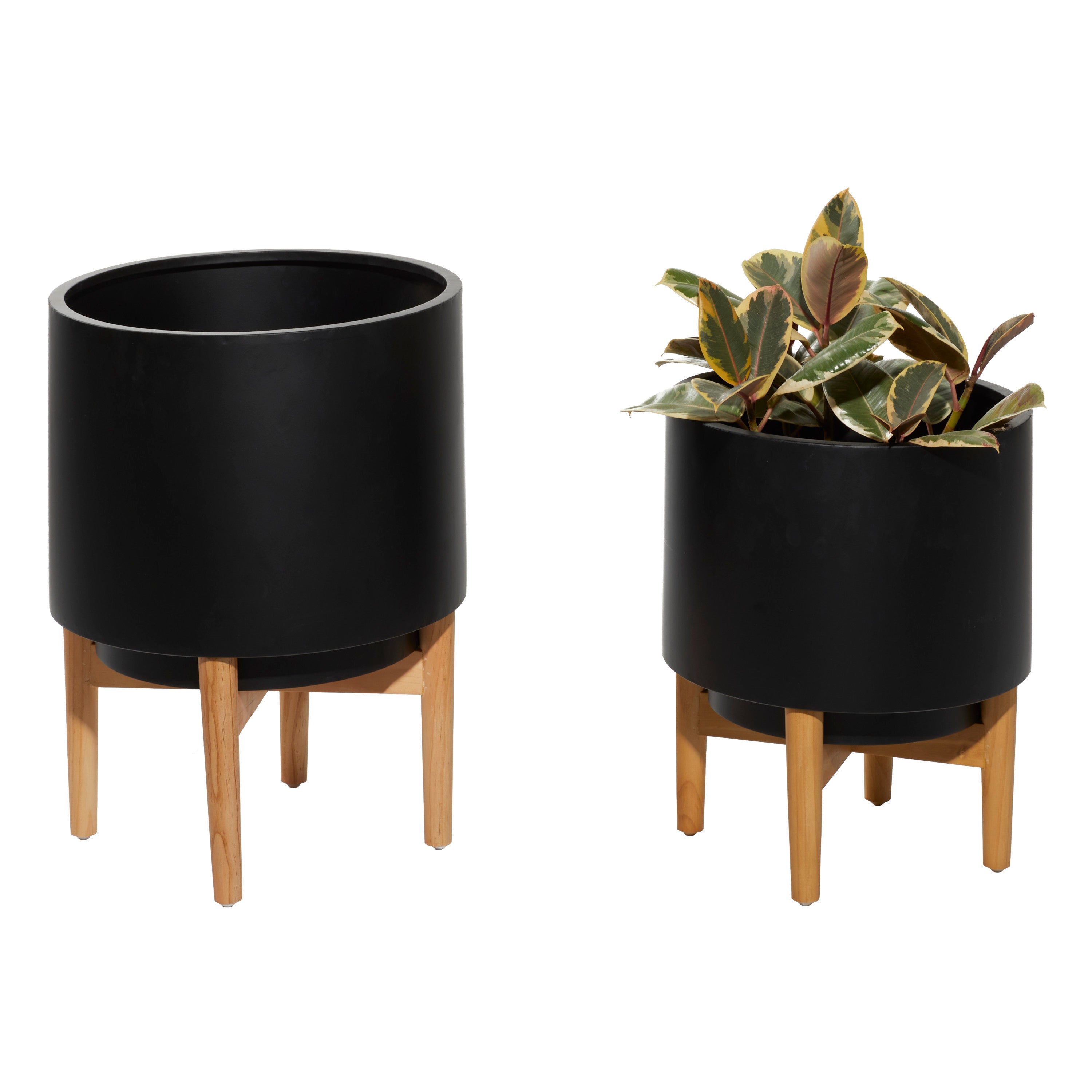 CosmoLiving by Cosmopolitan 20", 16"H Indoor Outdoor Black Metal Planter with Removable Wood Stand (2 Count)