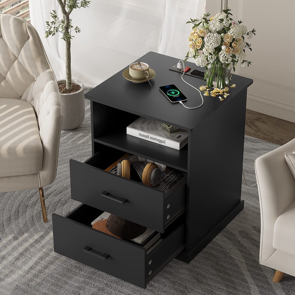 Nightstand with Charging Station  Large Side Table with 2 Storage Drawer and Open Cubby  Black Bedside End Table