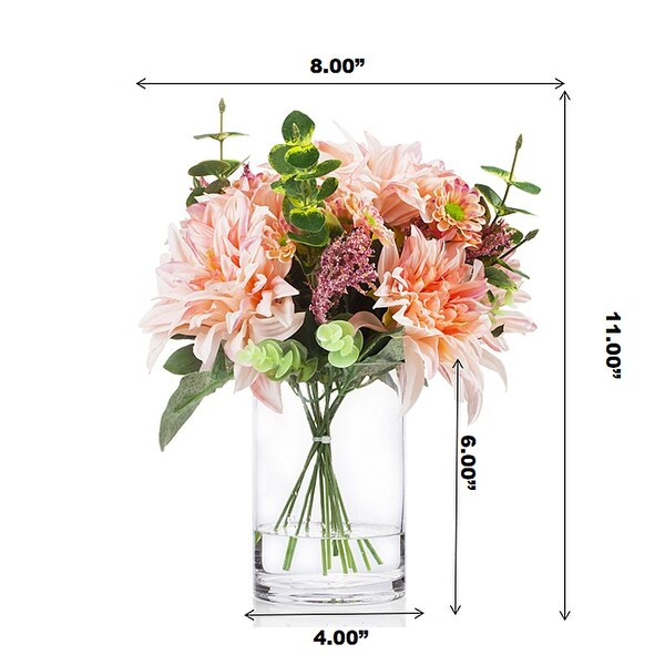 Enova Home Mixed Artificial Dahlia Fake Silk Flowers and Eucalyptus Grasses Arrangement in Clear Glass Vase with Faux Water