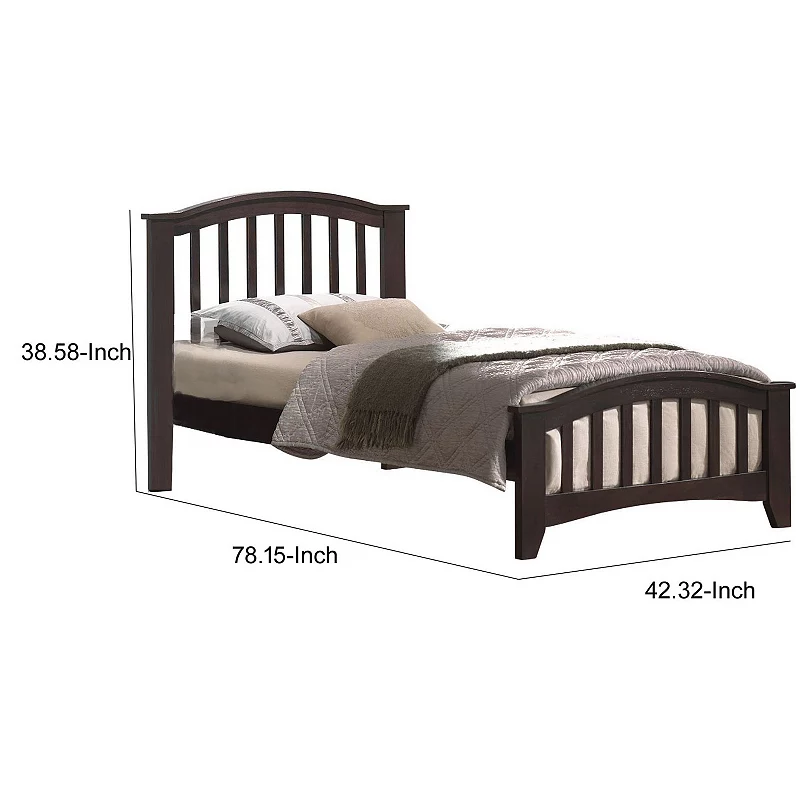 Wooden Twin Size Bed with Slated Design Headboard and Footboard， Dark Brown