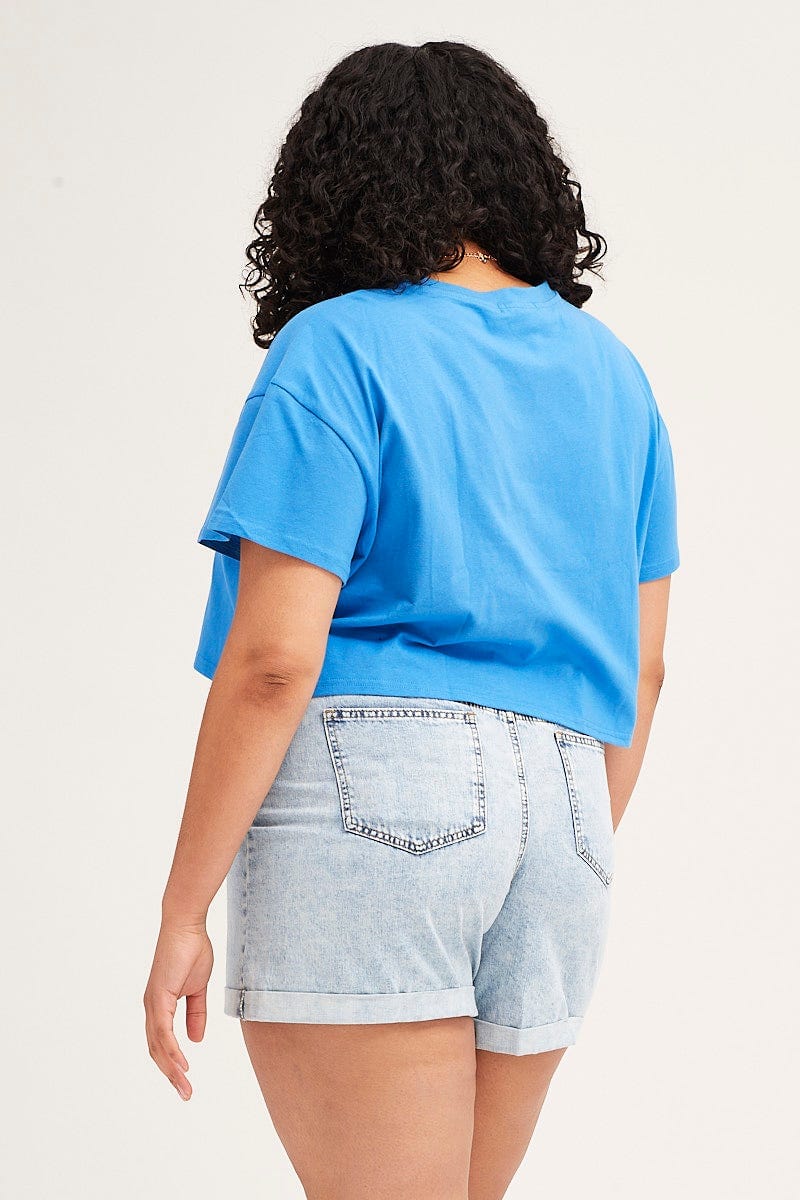 Blue Crew Neck Short Sleeve Semi Crop T-shirt