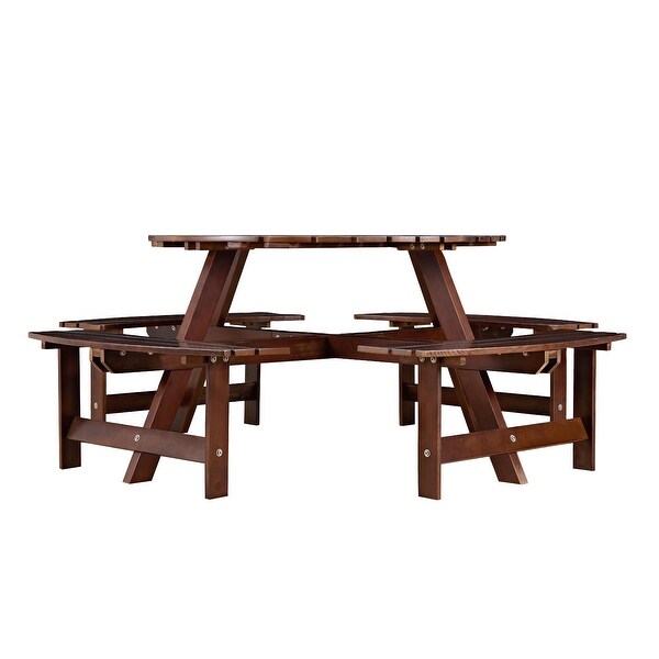 Outdoor 8 Person Round Picnic Table with Bench，Umbrella Hole for Garden，Backyard，Porch，Patio