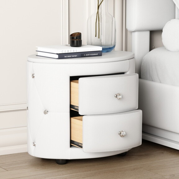 Elegant PU Nightstand with 2 Drawers and Crystal H...